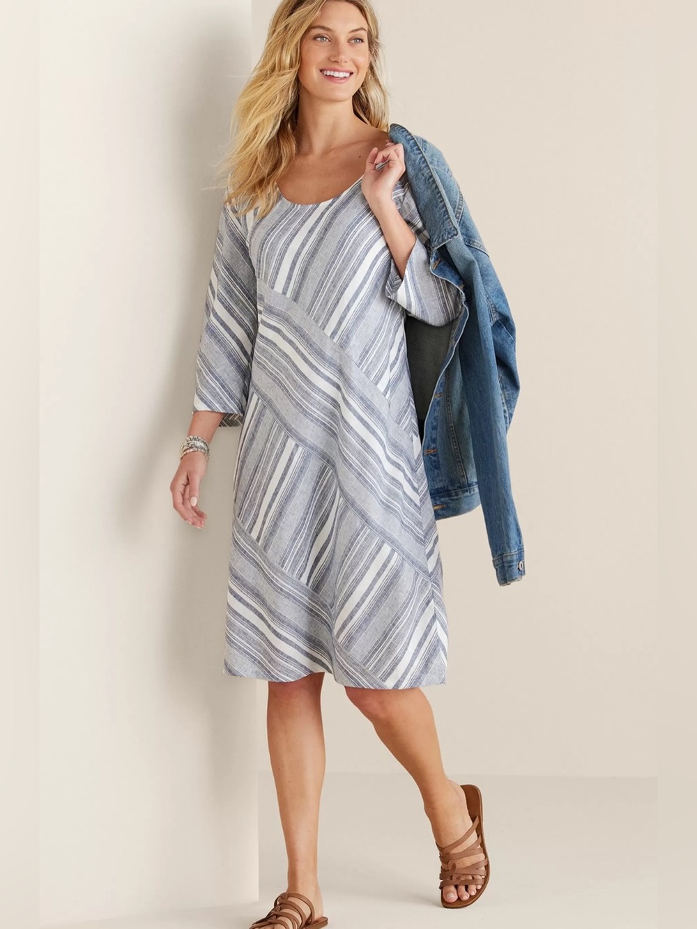 Soft Surroundings Sonya Women Linen Midi Dress Size L Striped Summer Party